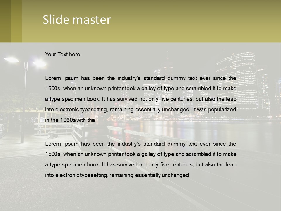 A City Skyline At Night With Lights On PowerPoint Template