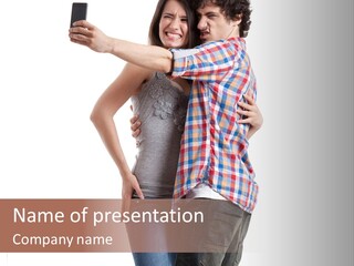 A Man And Woman Taking A Picture With A Cell Phone PowerPoint Template