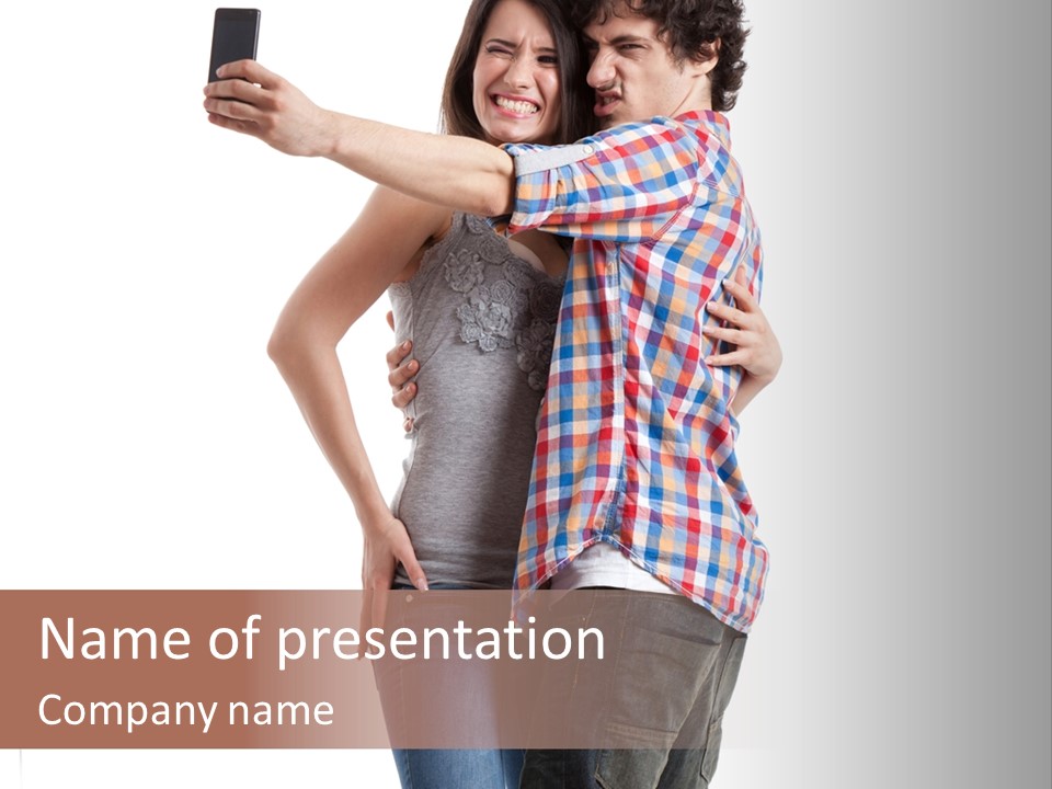 A Man And Woman Taking A Picture With A Cell Phone PowerPoint Template