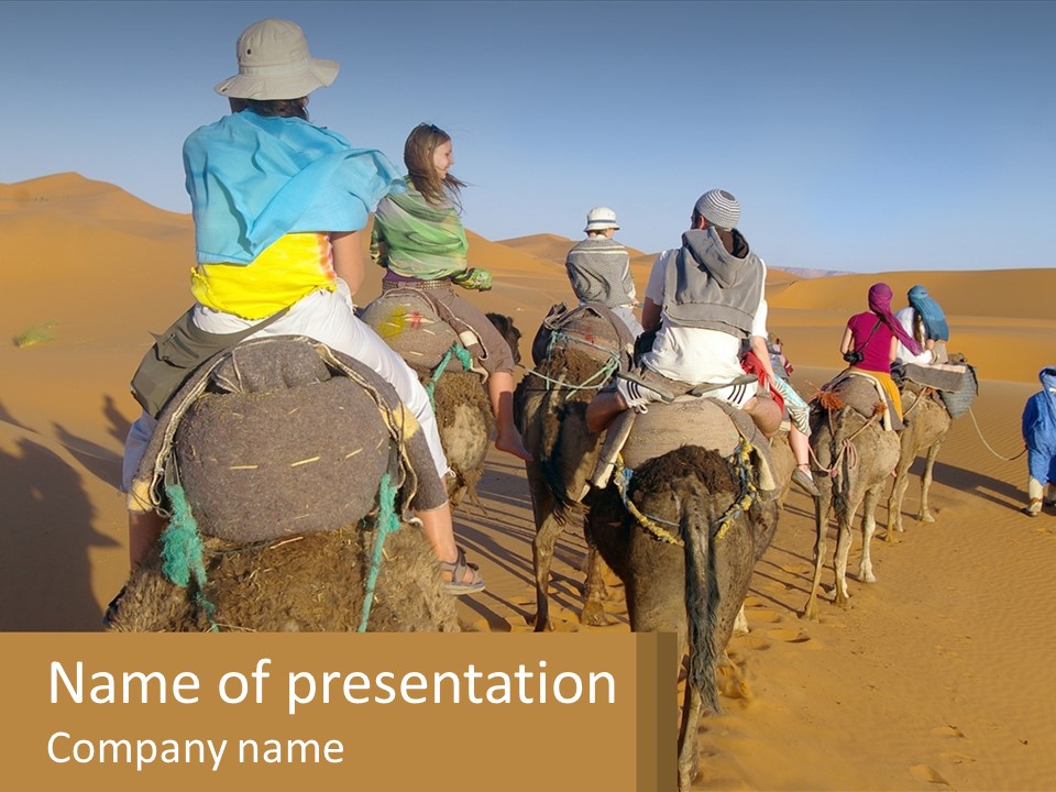 A Group Of People Riding On The Backs Of Camels In The Desert PowerPoint Template