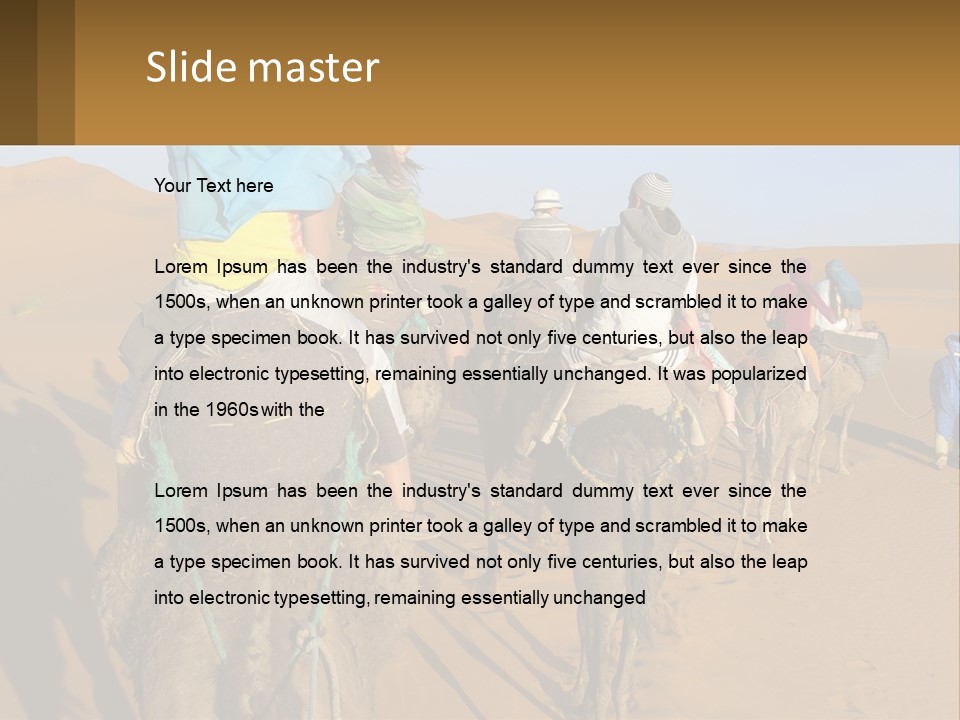 A Group Of People Riding On The Backs Of Camels In The Desert PowerPoint Template