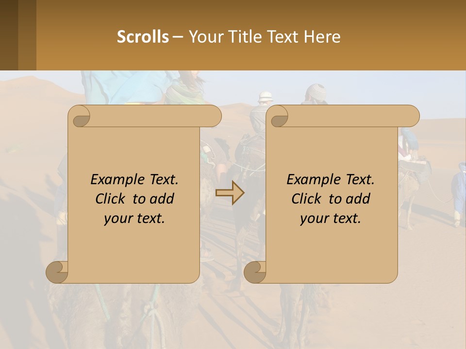 A Group Of People Riding On The Backs Of Camels In The Desert PowerPoint Template