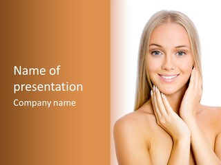 A Beautiful Blond Woman Posing With Her Hands On Her Face PowerPoint Template