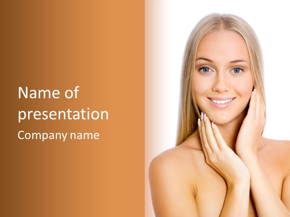 A Beautiful Blond Woman Posing With Her Hands On Her Face PowerPoint Template