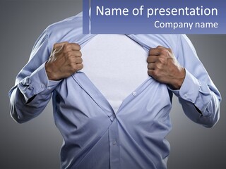 A Man In A Blue Shirt Is Opening His Shirt PowerPoint Template