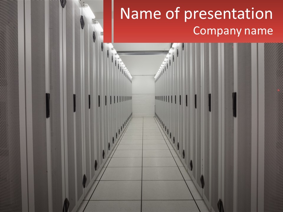 A Long Row Of Servers In A Data Center PowerPoint Template