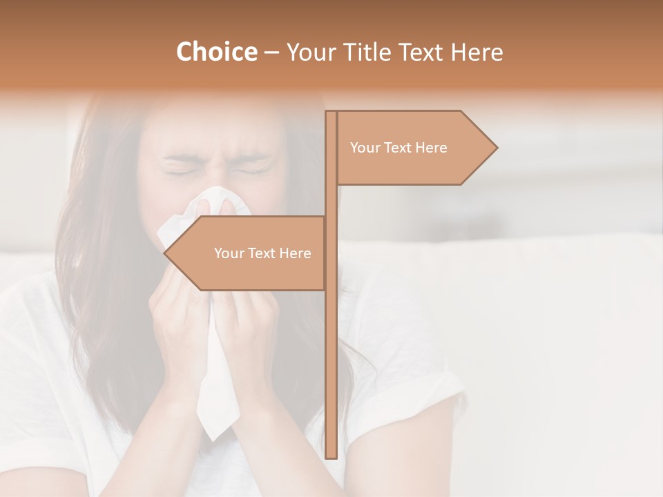 A Woman Blowing Her Nose While Sitting On A Couch PowerPoint Template