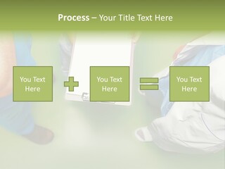 A Group Of People Standing Around A Binder PowerPoint Template