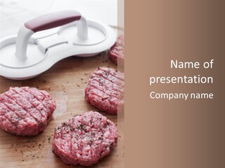 Hamburger Patties On A Cutting Board With A Knife PowerPoint Template