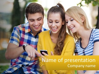 A Group Of Young People Looking At A Cell Phone PowerPoint Template