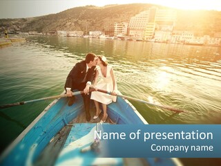 A Man And Woman Kissing On A Boat In The Water PowerPoint Template