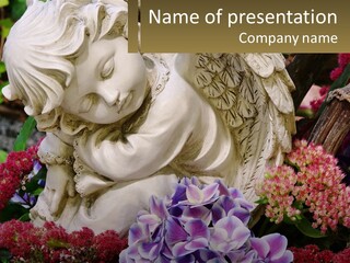 A Statue Of An Angel Surrounded By Flowers PowerPoint Template