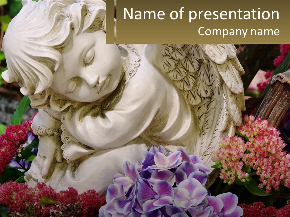 A Statue Of An Angel Surrounded By Flowers PowerPoint Template