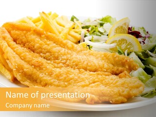 A White Plate Topped With Fish And Fries Next To A Salad PowerPoint Template