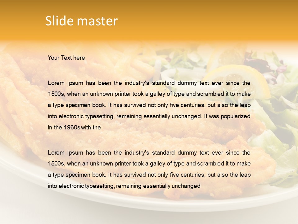 A White Plate Topped With Fish And Fries Next To A Salad PowerPoint Template