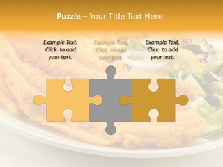 A White Plate Topped With Fish And Fries Next To A Salad PowerPoint Template