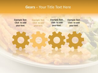 A White Plate Topped With Fish And Fries Next To A Salad PowerPoint Template