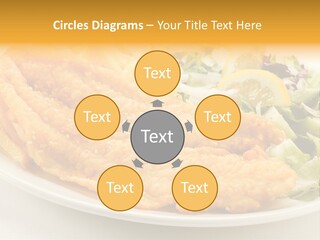 A White Plate Topped With Fish And Fries Next To A Salad PowerPoint Template