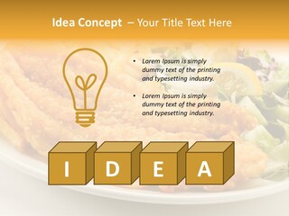 A White Plate Topped With Fish And Fries Next To A Salad PowerPoint Template