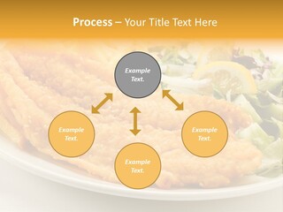 A White Plate Topped With Fish And Fries Next To A Salad PowerPoint Template