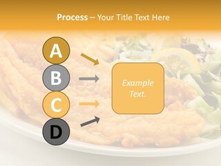 A White Plate Topped With Fish And Fries Next To A Salad PowerPoint Template