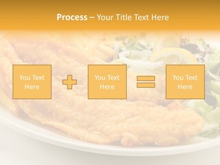 A White Plate Topped With Fish And Fries Next To A Salad PowerPoint Template
