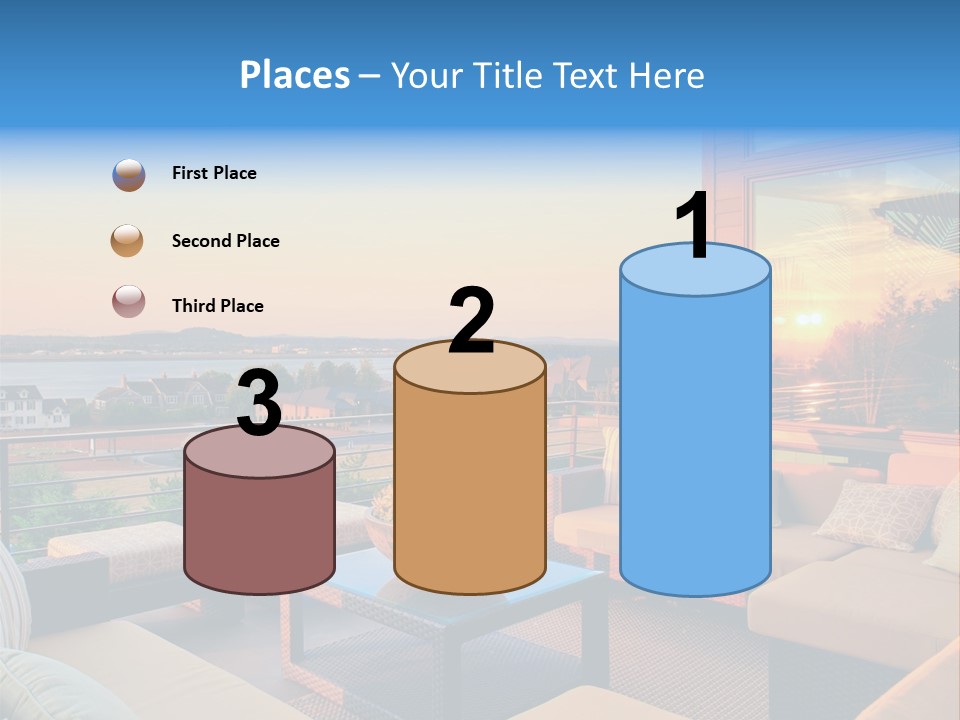 A Balcony With A Table, Couches And A View Of The Water PowerPoint Template