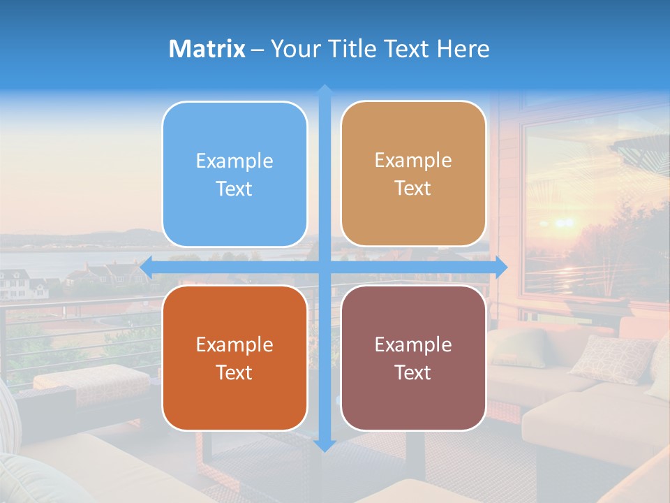 A Balcony With A Table, Couches And A View Of The Water PowerPoint Template