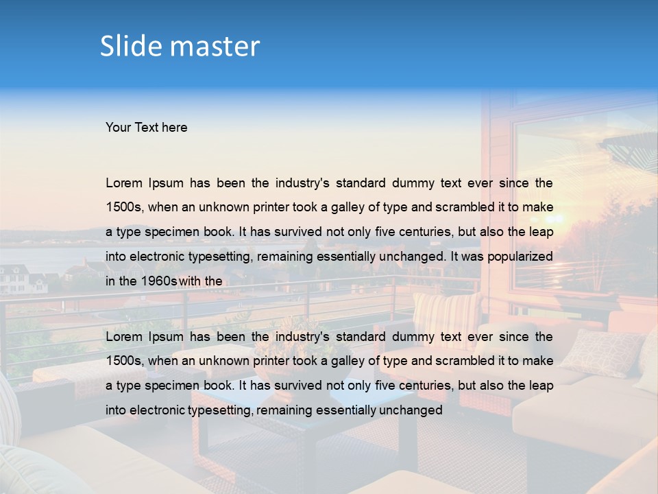 A Balcony With A Table, Couches And A View Of The Water PowerPoint Template