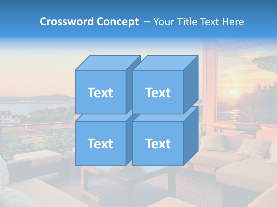 A Balcony With A Table, Couches And A View Of The Water PowerPoint Template