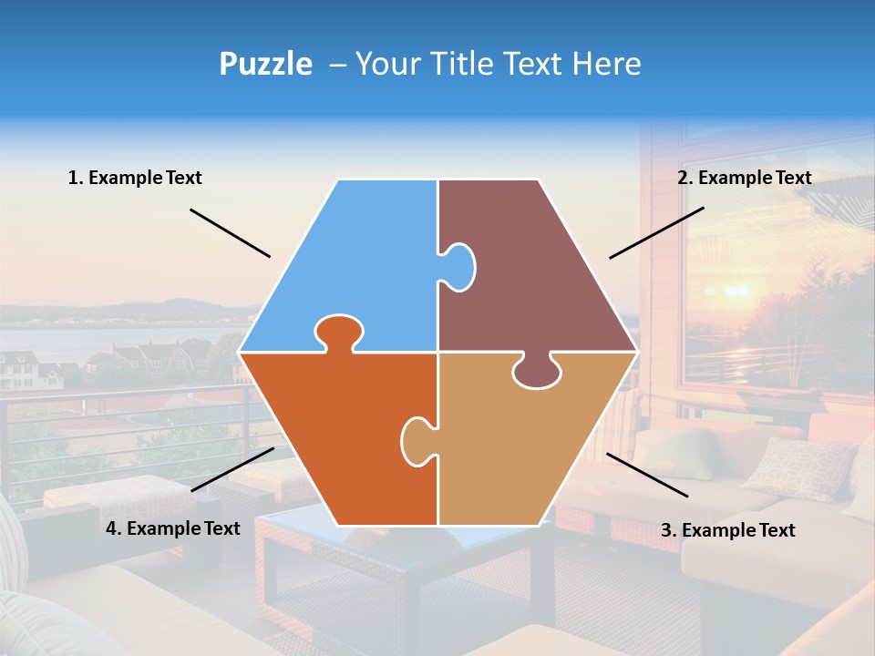 A Balcony With A Table, Couches And A View Of The Water PowerPoint Template