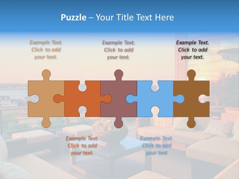 A Balcony With A Table, Couches And A View Of The Water PowerPoint Template