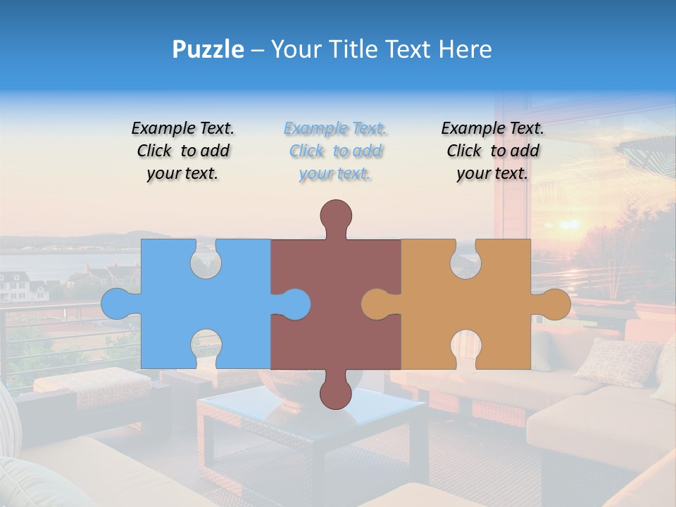 A Balcony With A Table, Couches And A View Of The Water PowerPoint Template