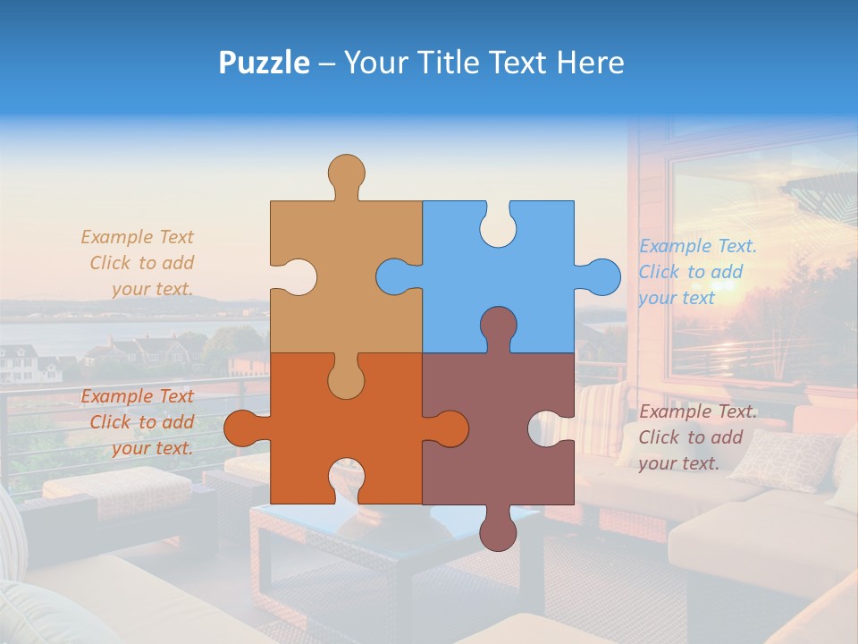 A Balcony With A Table, Couches And A View Of The Water PowerPoint Template