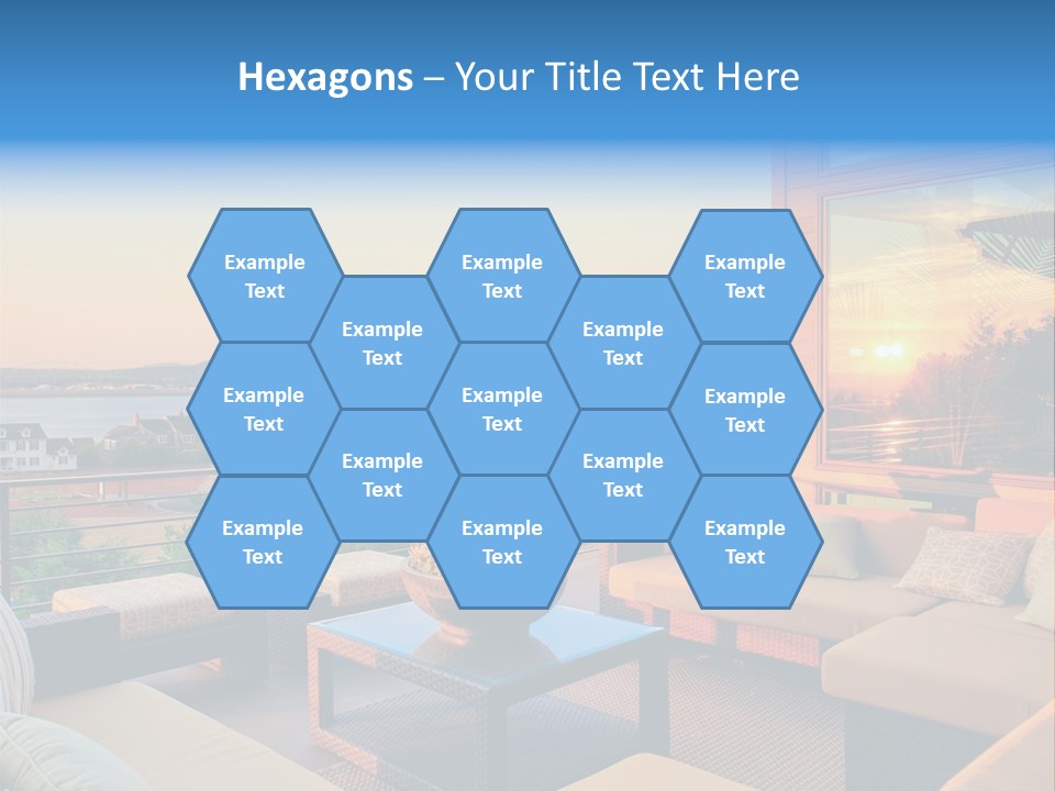A Balcony With A Table, Couches And A View Of The Water PowerPoint Template