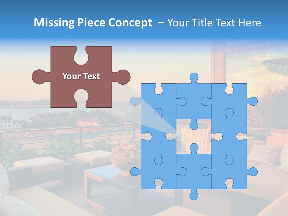 A Balcony With A Table, Couches And A View Of The Water PowerPoint Template