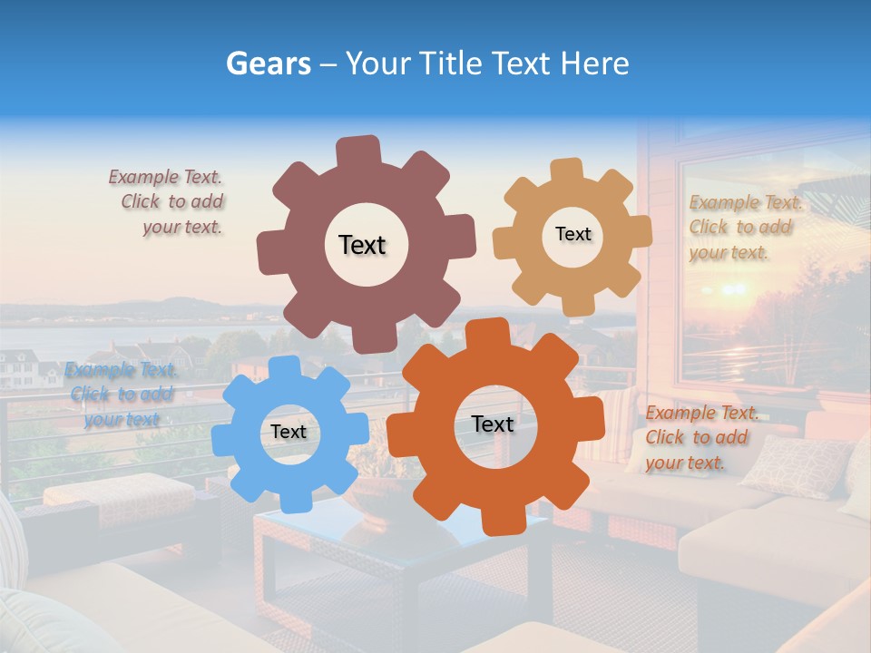 A Balcony With A Table, Couches And A View Of The Water PowerPoint Template