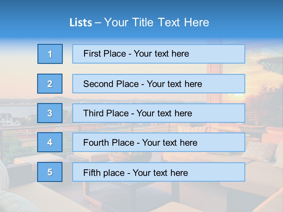 A Balcony With A Table, Couches And A View Of The Water PowerPoint Template