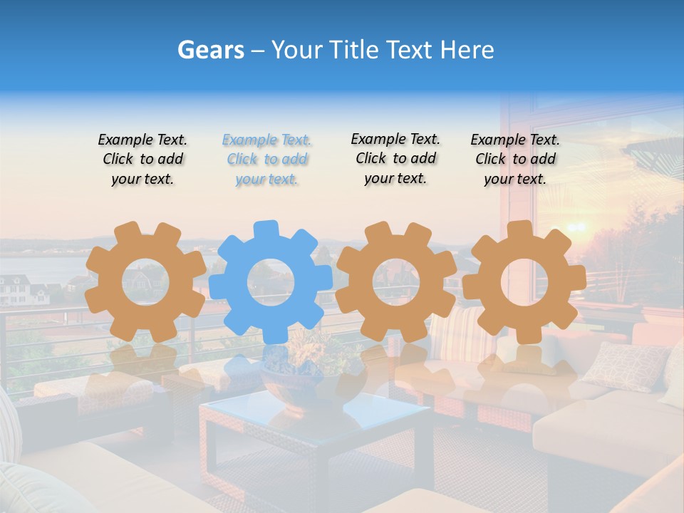 A Balcony With A Table, Couches And A View Of The Water PowerPoint Template