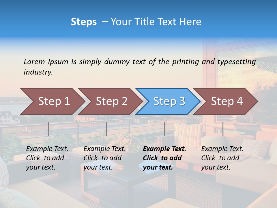 A Balcony With A Table, Couches And A View Of The Water PowerPoint Template