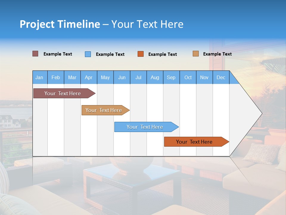 A Balcony With A Table, Couches And A View Of The Water PowerPoint Template
