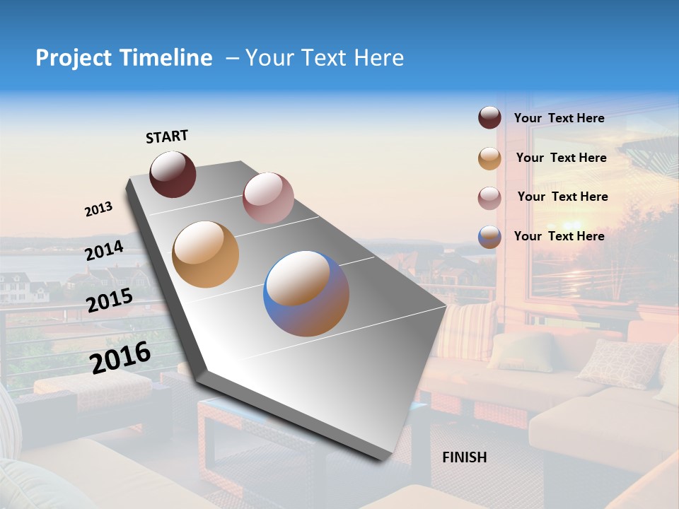 A Balcony With A Table, Couches And A View Of The Water PowerPoint Template