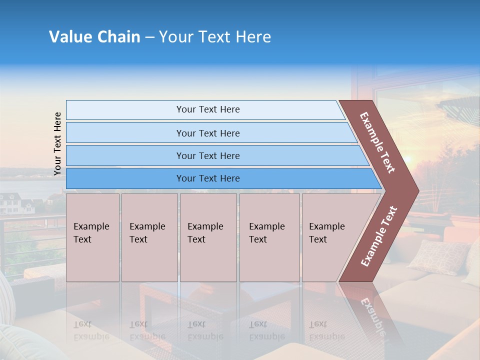 A Balcony With A Table, Couches And A View Of The Water PowerPoint Template