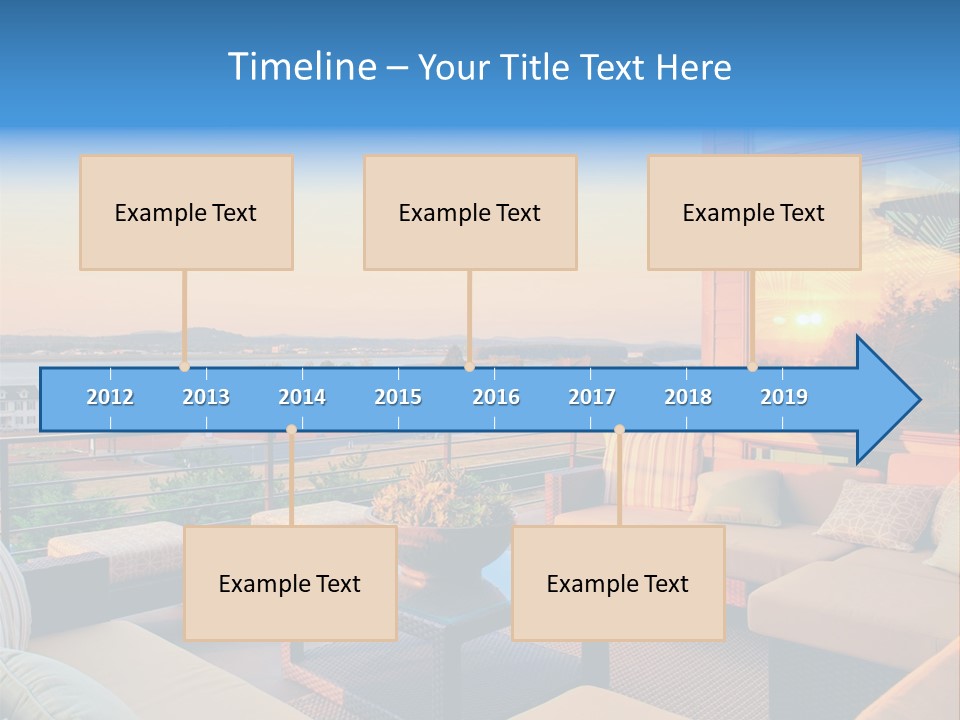 A Balcony With A Table, Couches And A View Of The Water PowerPoint Template