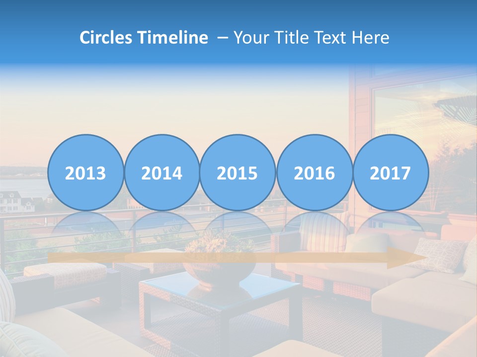 A Balcony With A Table, Couches And A View Of The Water PowerPoint Template