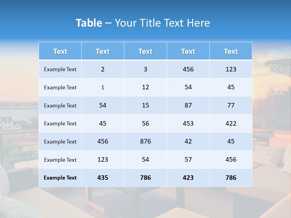 A Balcony With A Table, Couches And A View Of The Water PowerPoint Template