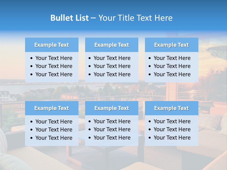 A Balcony With A Table, Couches And A View Of The Water PowerPoint Template