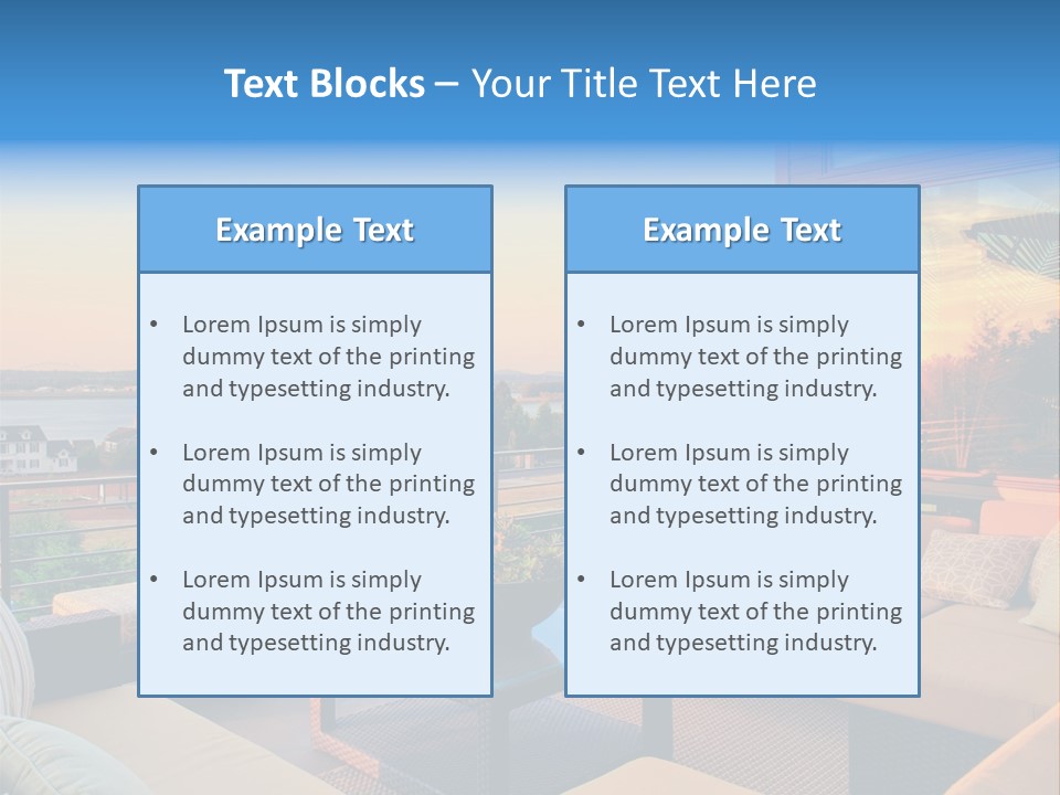 A Balcony With A Table, Couches And A View Of The Water PowerPoint Template