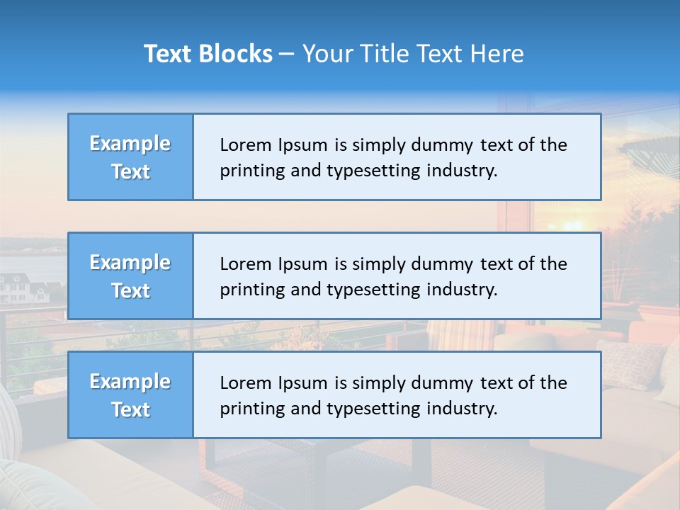 A Balcony With A Table, Couches And A View Of The Water PowerPoint Template