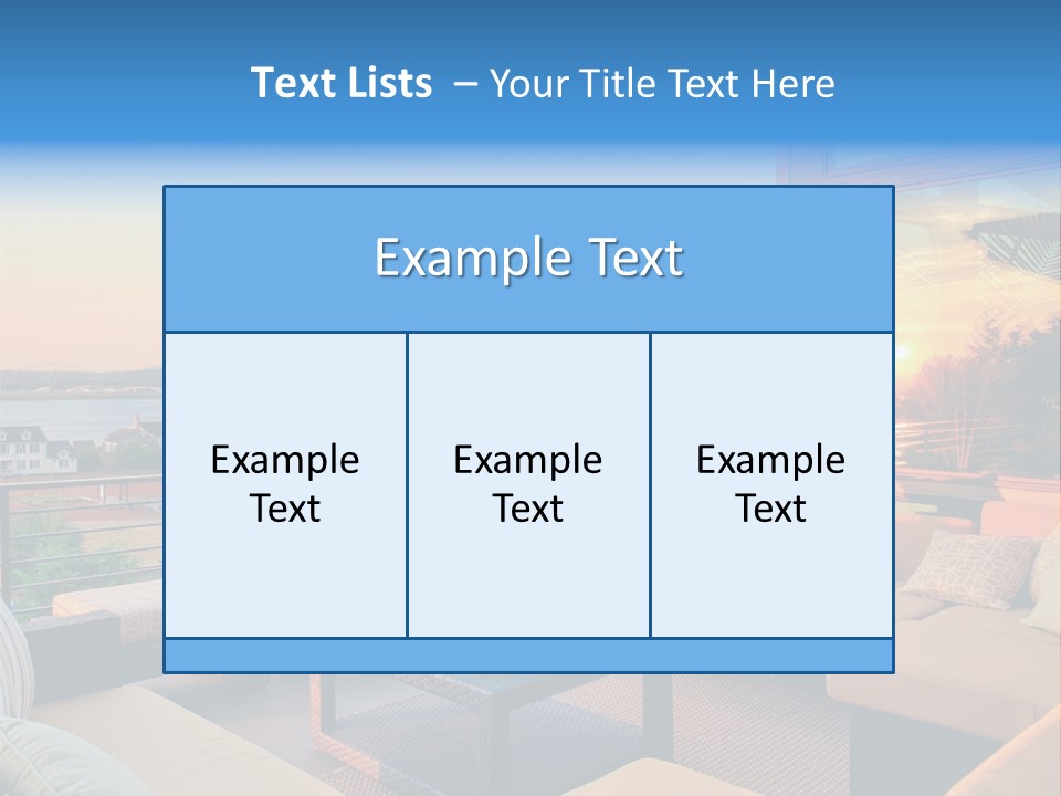 A Balcony With A Table, Couches And A View Of The Water PowerPoint Template